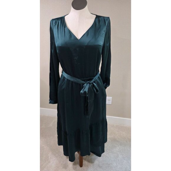 Lane Bryant Womens V-Neck Satin Dress With Tie Belt Dark Green Size 12 New With - Picture 1 of 14
